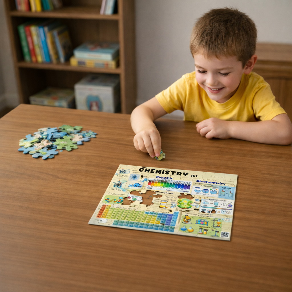 Boy exploring a Biology poster with a magnifying glass